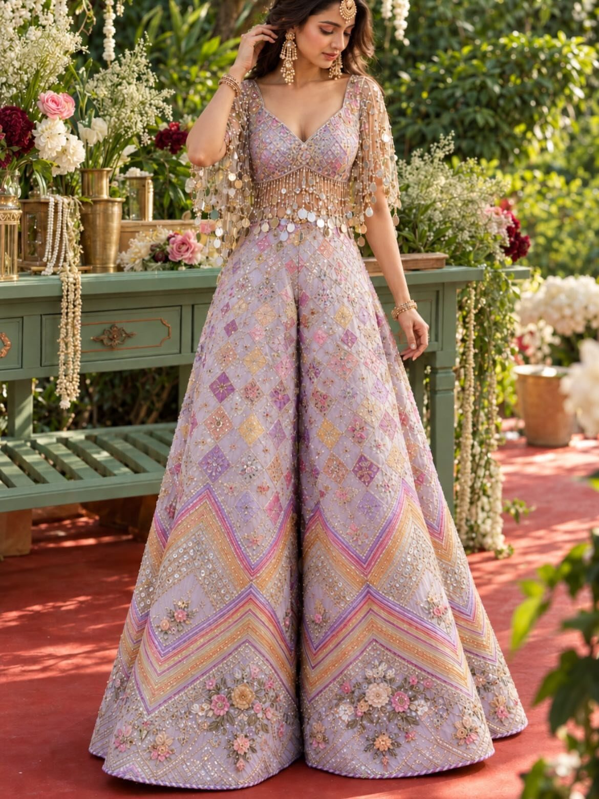 Woman in a lavender embroidered Indian outfit with gold fringe in a garden