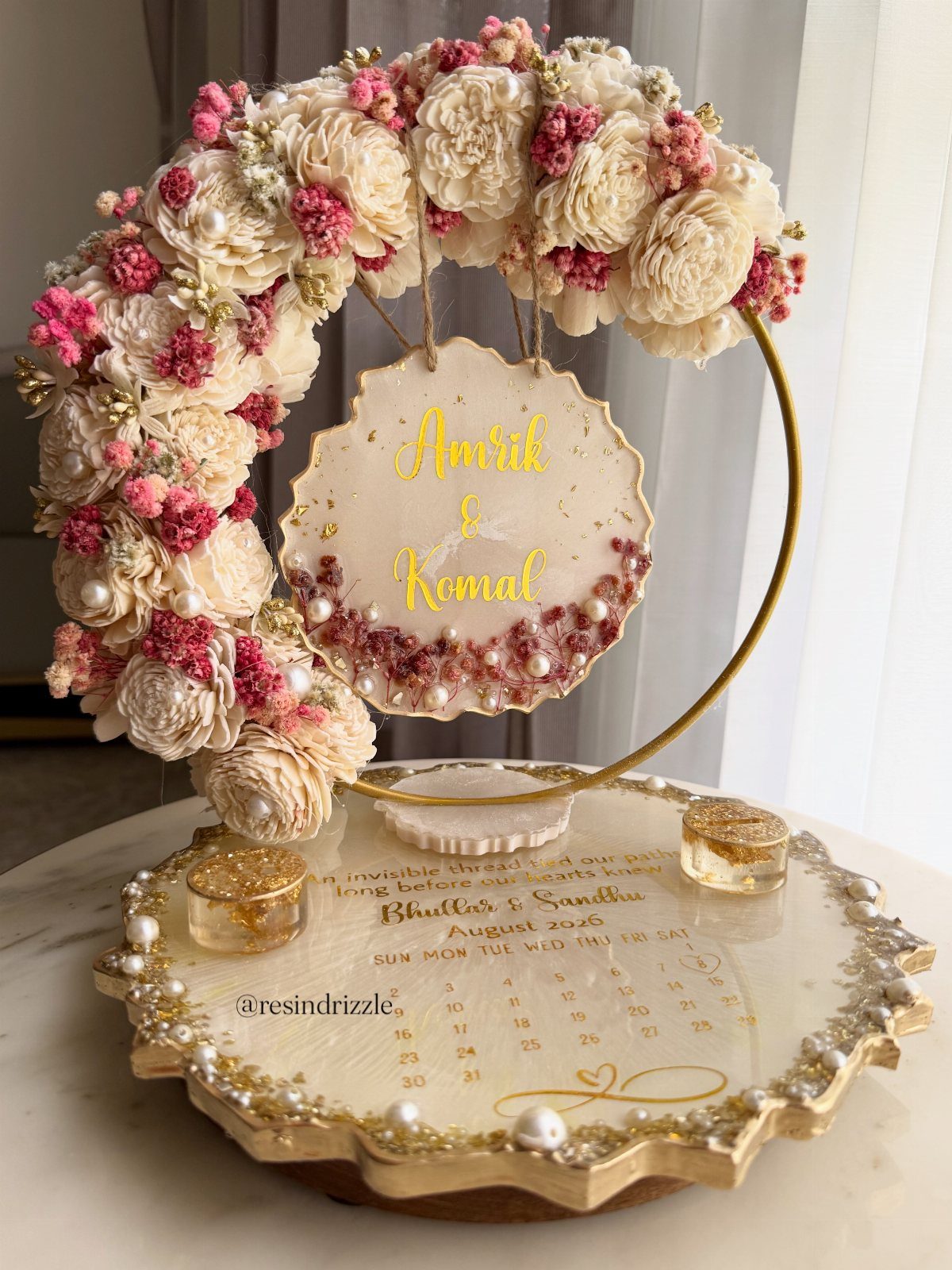 Floral pearl platter with a gold hoop and personalized name plaque for engagement.