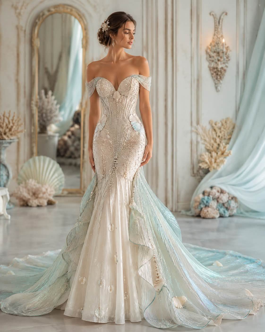 Woman in a beaded mermaid wedding dress with a shimmering blue and white train.