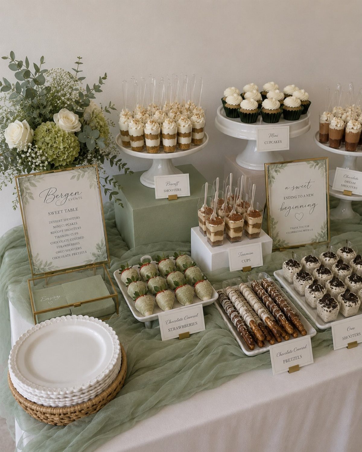 Dessert table with sage green runner, white cupcakes, and white and green flowers.