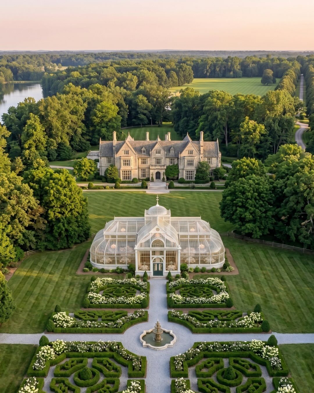Grand stone estate with a white glass conservatory and formal manicured gardens.
