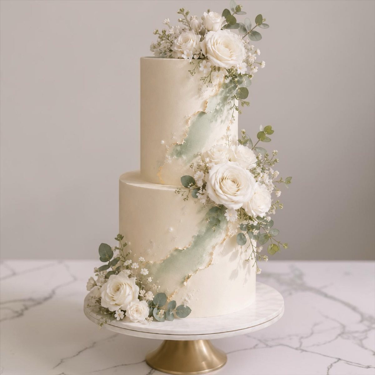 Two-tier white wedding cake decorated with white roses and green eucalyptus leaves.